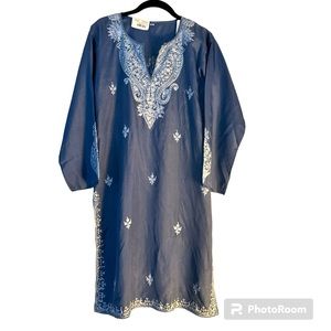 NWT 100% cashmere silk kurta denim light blue white detailed embroidery sz S